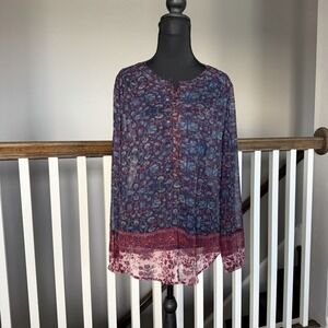 Lucky Brand Floral Boho Peasant  Sheer Long Sleeve Top Medium Cottage Coquette